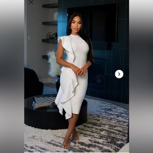 Fashion Nova One-Shoulder White Ruffle Midi Dress